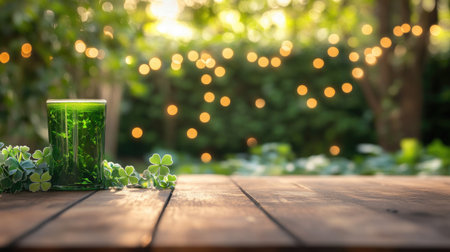 A Saint Patrick's Day-themed side view of an empty table, perfect for presentations, set against a blurred garden backdrop and festive lights.の素材