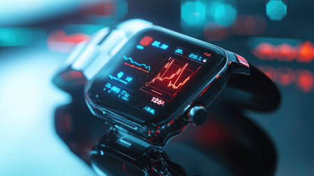A close-up of a high-tech smartwatch displaying health data in a holographic interface on a smooth, reflective surface, showcasing cutting-edge design.の素材