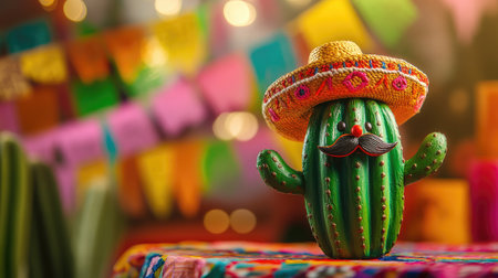 A festive cactus wearing a sombrero and mustache rests on a vibrant multicolored tablecloth with papel picado banners in the background, capturing the essence of Mexican celebrationの素材