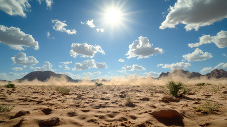 Blazing midday sun over desert with fierce winds kicking up thick dust against distant craggy peaksの素材