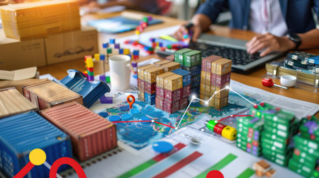 International trade talks at table with charts showing tariff impact, economic forecast in discussionの素材