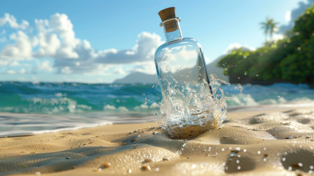 3D render of clear glass bottle on sandy beach as waves crash, symbol of message, travel, or mysteryの素材