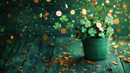 A flat lay of St. Patrick's Day decorations with shamrocks, confetti, and gold coins flying out of a pot, set against a textured green wooden table with copy spaceの素材
