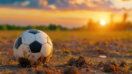 Soccer ball in foreground, orange twilight sky behind, capturing energy and anticipation of playの素材