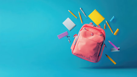 A dynamic shot of a backpack with school supplies like notebooks and pencils flying out, set against a vibrant blue background, perfect for back-to-school promotionsの素材