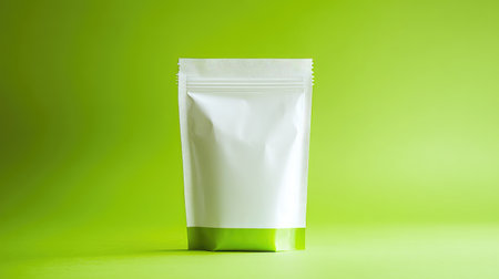 A bright green backdrop highlights a white and green resealable pouch, emphasizing its clean, modern design and practical, eco-friendly natureの素材