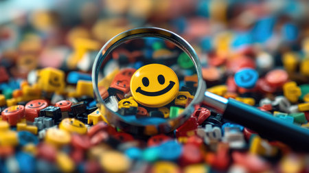 A magnifying glass focusing on a smiling face among various feedback emoticons, symbolizing customer satisfaction and review insights for business improvement.の素材
