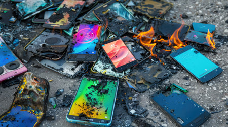 Scorched smartphones scattered across rough concrete, highlighting dangers of poor battery safetyの素材