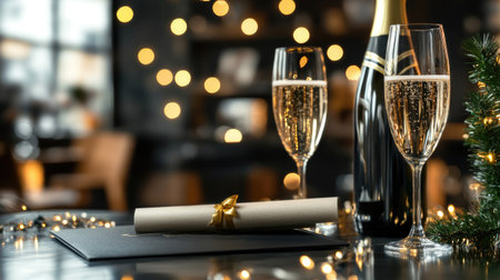 A sophisticated display of a diploma, graduation cap, champagne bottle, and glasses arranged with festive decorations, ideal for a celebratory theme.の素材