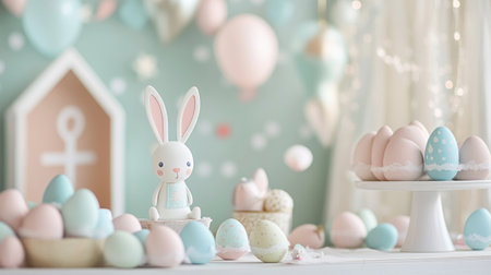 A festive Easter setup with pastel-colored eggs and bunny decorations arranged creatively on a soft background, capturing the joy of the holiday season.の素材