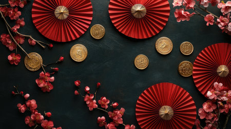 A flat lay of traditional Chinese New Year decorations, featuring red fans, cherry blossoms, and gold coins on a dark background, perfect for the festive season.の素材