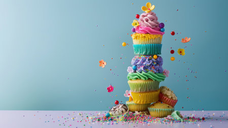 Cupcake tower in vivid colors, decorated with sprinkles and tiny sugar flowers, against clean pastel backgroundの素材