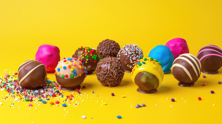 Artistic arrangement of gourmet chocolate truffles on vibrant yellow surface, inviting and colorfulの素材