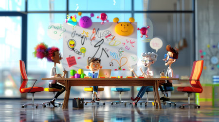 Animated businesswoman presenting ideas to a team in glass office, leadership and team building conceptの素材