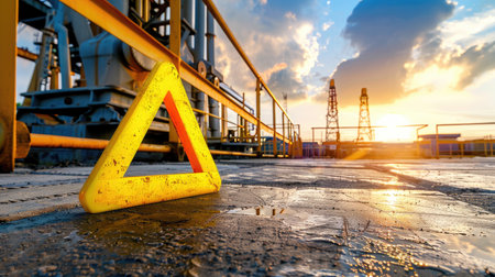 Yellow triangle alert icon on industrial background, security and hazard concept with warning emphasisの素材