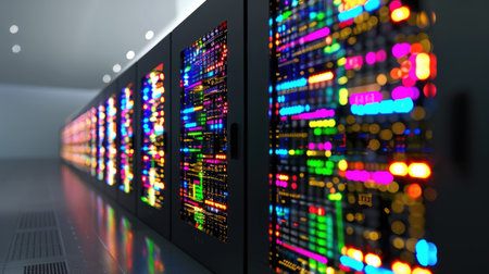 Vector design of glowing data center boxes representing high-speed systems, tech visualization of big dataの素材