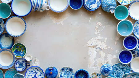 Blue-toned vintage dishes forming a decorative frame, ideal for food branding or invitationsの素材
