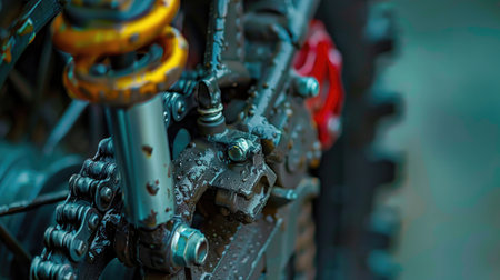 Close-up of tire tread and mechanical parts, motorcycle rear captured with crisp metal texturesの素材