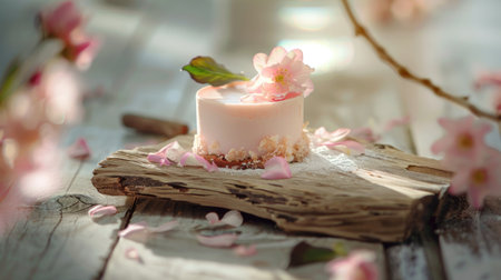 Blush-toned dessert resting on rustic wood, delicately framed with soft flower petals for a dreamy sceneの素材