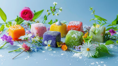 Colorful mochi neatly arranged with flowers and greenery for a fresh, botanical dessert sceneの素材
