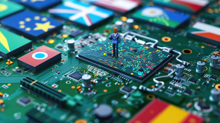 Generative AI image of small figure on motherboard with national flags, representing global business and tech tensionの素材