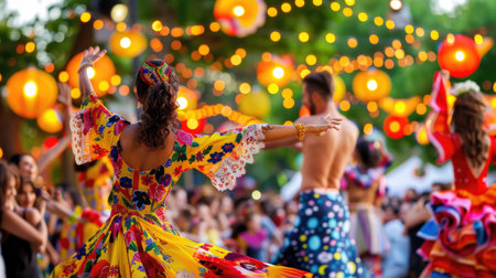 Festive atmosphere at Feria de Abril with flamenco dresses, lights, and authentic Spanish cuisineの素材