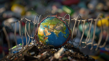 Artistic globe trapped in wires and trash, symbolizing environmental crisis and human impactの素材
