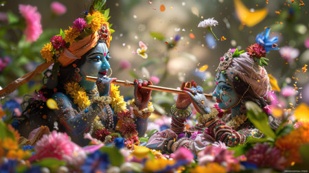 Shree Krishna playing flute beside Radha, floral garlands, serene background, devotional celebration of Janmashtamiの素材