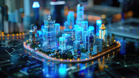 Blue-lit architectural prototype glowing with digital layers, innovative urban development visualizationの素材