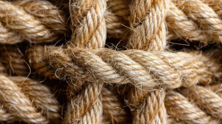 Close-up texture of braided sisal rope, strong knot detail, beige natural fiber, handmade interior and craft useの素材