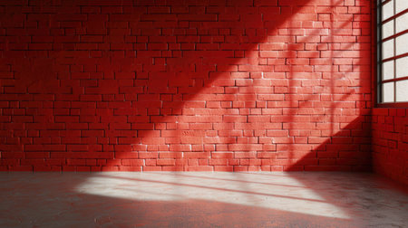 Red brick wall with moody shadows in minimalist room, floor area left blank for text or product placementの素材