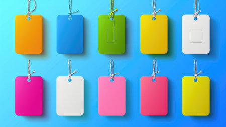 Colorful vector promo labels with hanging tag shapes, perfect for e-commerce, clearance, or shopping dealsの素材