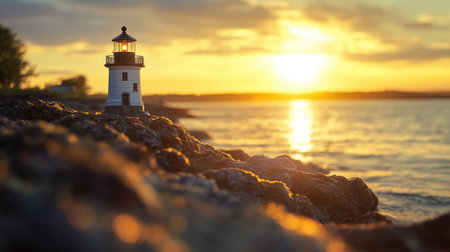 A beautiful sunrise view of a miniature lighthouse on rocky shores, with the ocean in the background and warm, golden light reflecting off the water.の素材
