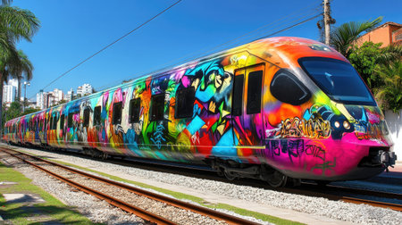 A brightly painted train covered in colorful graffiti art, passing through a lively urban neighborhood, embodying street culture and creative expression.の素材
