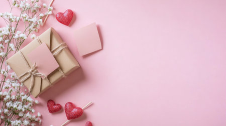 Convey your love on Valentine Day with an overhead shot of a gift box, gypsophila, date invitation envelope, and hearts on sticks, arranged on a pastel pink surface with space for text.の素材