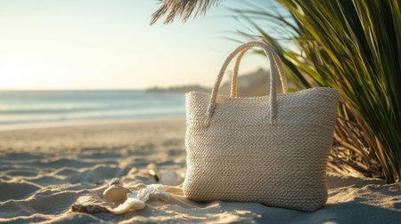 A bohemian-inspired beach bag rests on sunlit sand under soft coastal lighting, near the ocean, embodying laid-back elegance and effortless style.の素材