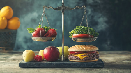 A balanced scale weighing fresh fruits against unhealthy fast food, symbolizing the decision-making process and the challenge of maintaining a healthy diet.の素材
