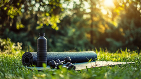 A yoga mat, dumbbells, and a water bottle laid out on the grass in a peaceful outdoor setting, ideal for promoting fitness and well-being.の素材
