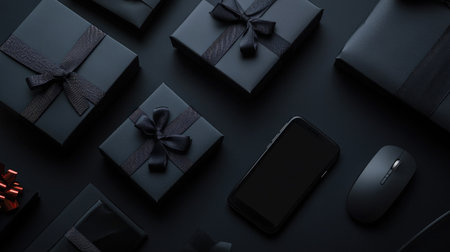 Top view of Black Friday shopping essentials including black gift boxes with ribbon bows, paper bags, a smartphone, and a computer mouse on a black background.の素材