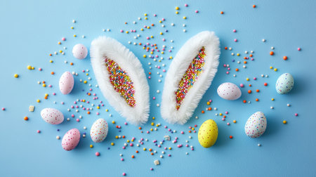 Top view of Easter bunny ears, colorful eggs, and sprinkles arranged on a light blue background with plenty of copy space for seasonal design and festive vibes.の素材