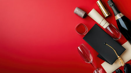 Graduation essentials including a cap, diploma, champagne bottle, and glasses, beautifully arranged on a vibrant red backdrop to celebrate achievement and milestones.の素材