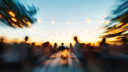 An outdoor dinner gathering with a blurred group of friends under string lights at sunset, capturing a warm, festive, and joyful atmosphere.の素材