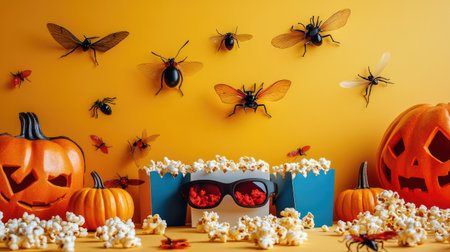 Gather friends for a Halloween cinema adventure with a side view shot of a table adorned with pumpkins, insects, 3D glasses, and popcorn boxes, set against a yellow wall background.の素材