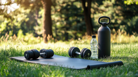 An outdoor fitness setup featuring a yoga mat, dumbbells, and a water bottle placed on grass, perfect for showcasing fitness and healthy living in nature.の素材