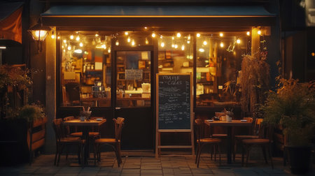 A welcoming rustic chalkboard outside a cafe with soft lighting and a warm atmosphere, perfect for capturing the charm of local eateries.の素材