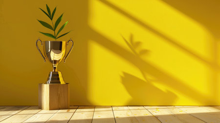 Golden trophy cup on yellow background with hard shadows, symbol of competition, sports success and leadershipの素材