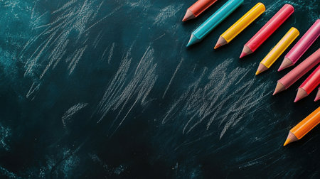 Embark on a captivating learning adventure with a top-down snapshot of vivid child stationery on a blackboard background, leaving room for promotional text.の素材