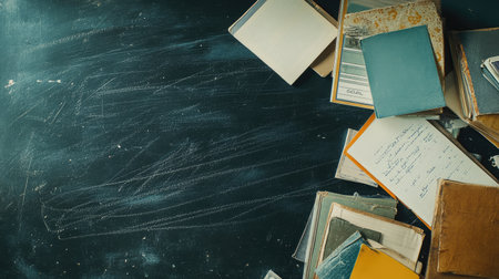 Embark on a captivating learning adventure with a top-down snapshot of vivid child stationery on a blackboard background, leaving room for promotional text.の素材