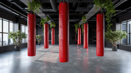 Modern gym interior with hanging punching bags, clean workout area for combat training, fitness and disciplineの素材