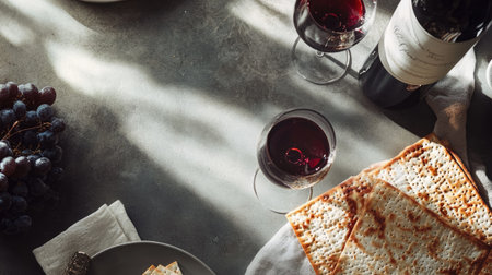 An elegant Passover table setup captured from above, featuring matza, wine, and cups on a chic grey surface, complemented by a linen towel for a refined holiday atmosphere.の素材